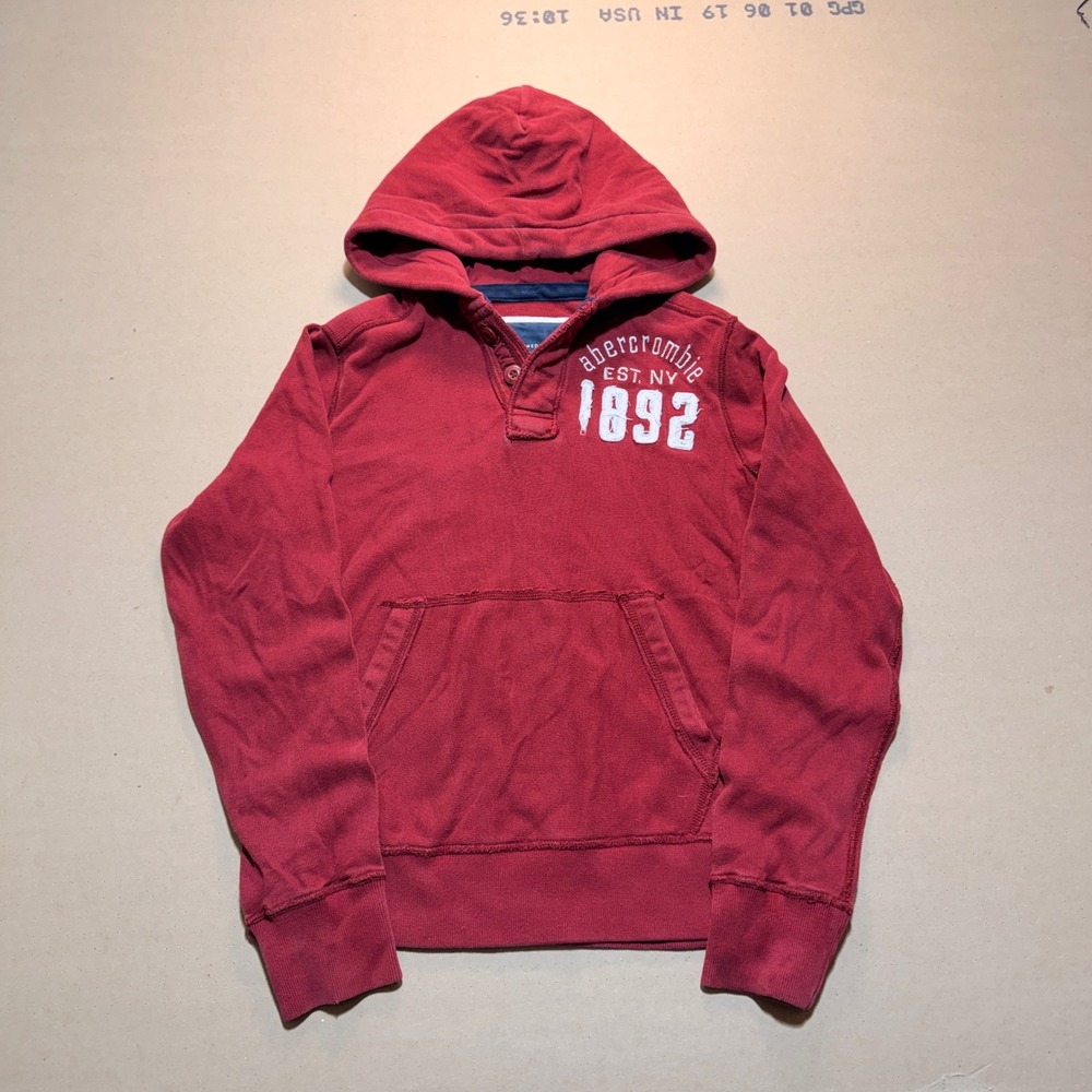 Y2K Abercrombie Hoodie XL Red Good Henley Pullover 1892 Applique
